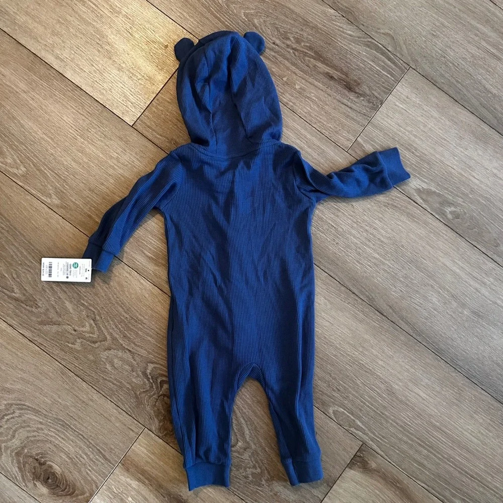 Carters Baby Boy Navy Blue Waffle Knit Hooded Jumpsuit Bear Ears 9M NWT
